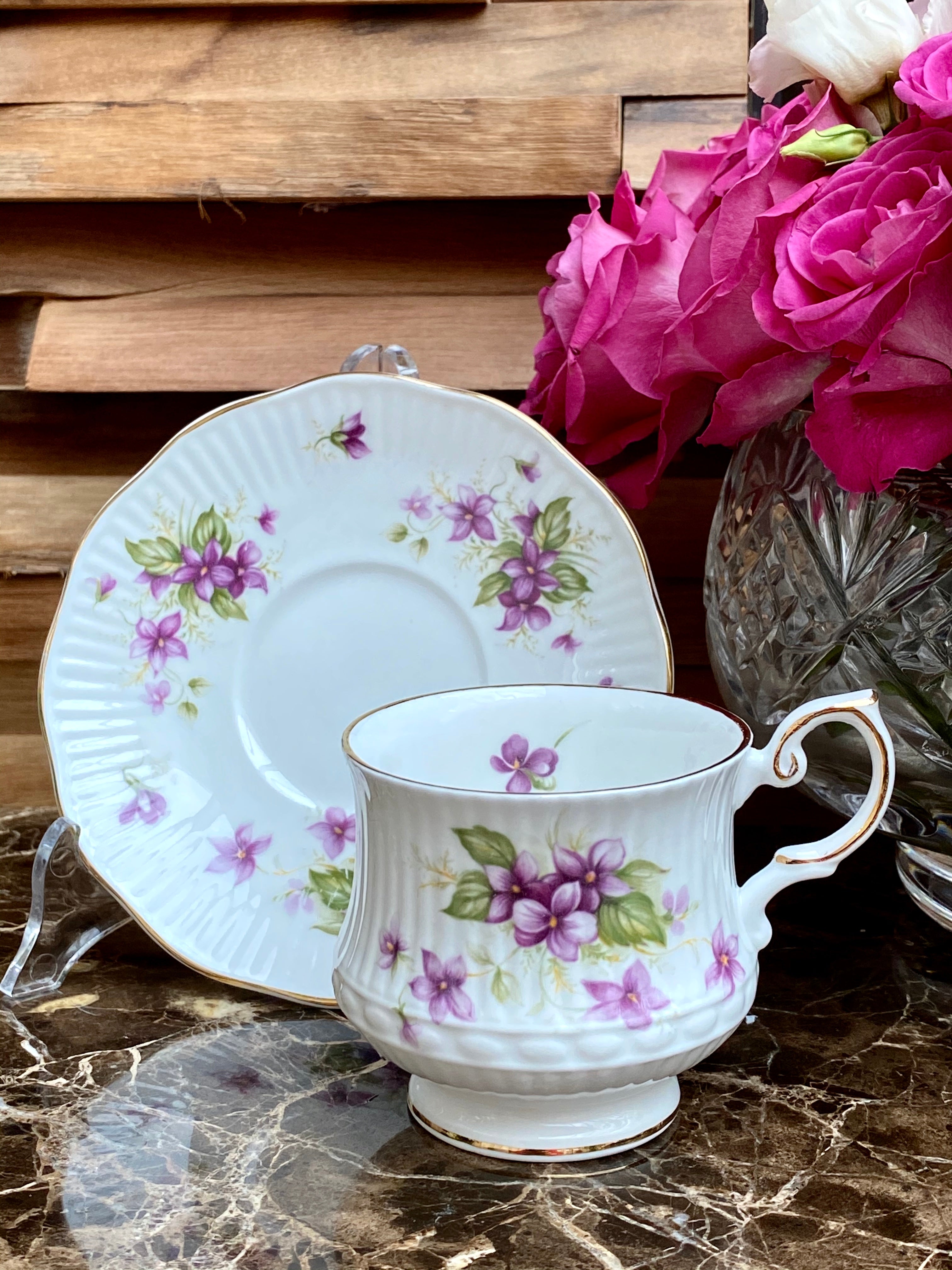 VINTAGE QUEENS VIOLETES CAFFEECUP AND SAUCER BONE CHINA - Gina Decor