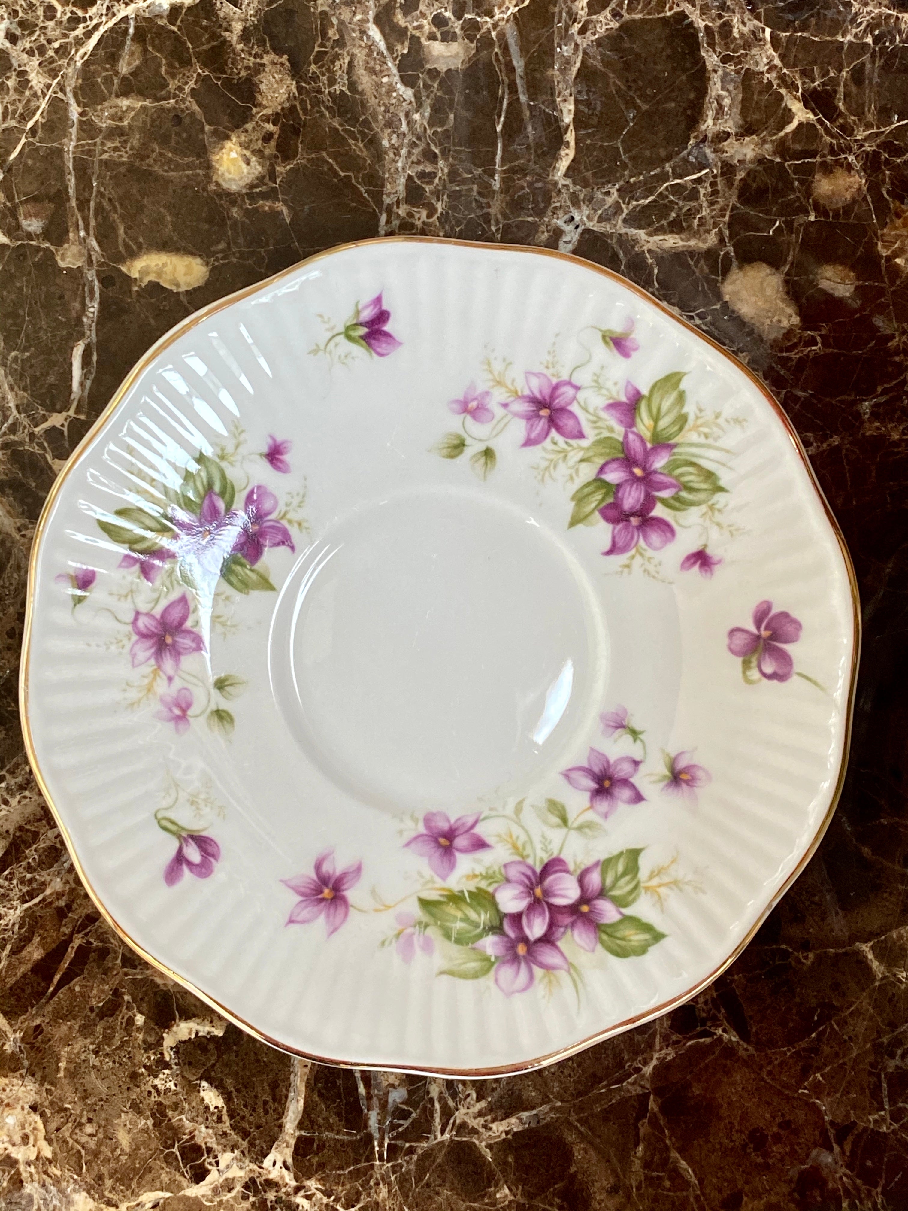 VINTAGE QUEENS VIOLETES CAFFEECUP AND SAUCER BONE CHINA - Gina Decor