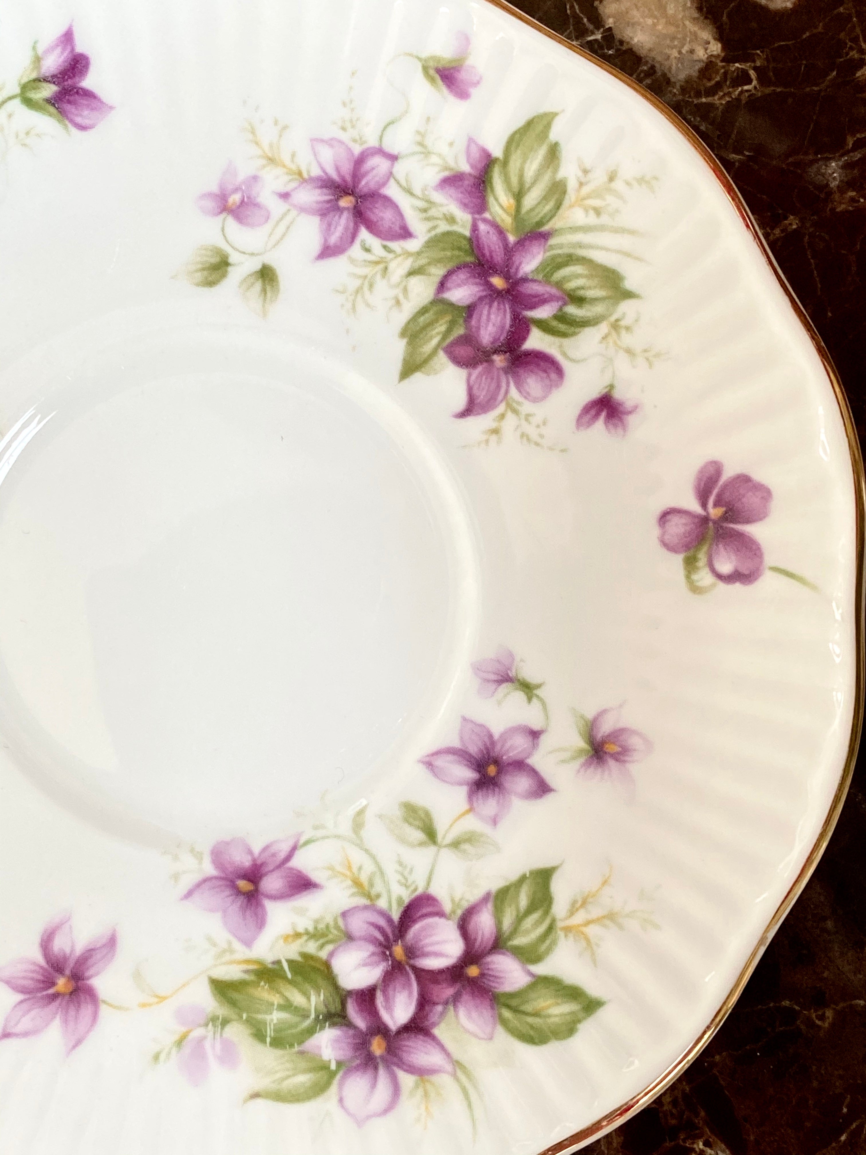 VINTAGE QUEENS VIOLETES CAFFEECUP AND SAUCER BONE CHINA - Gina Decor