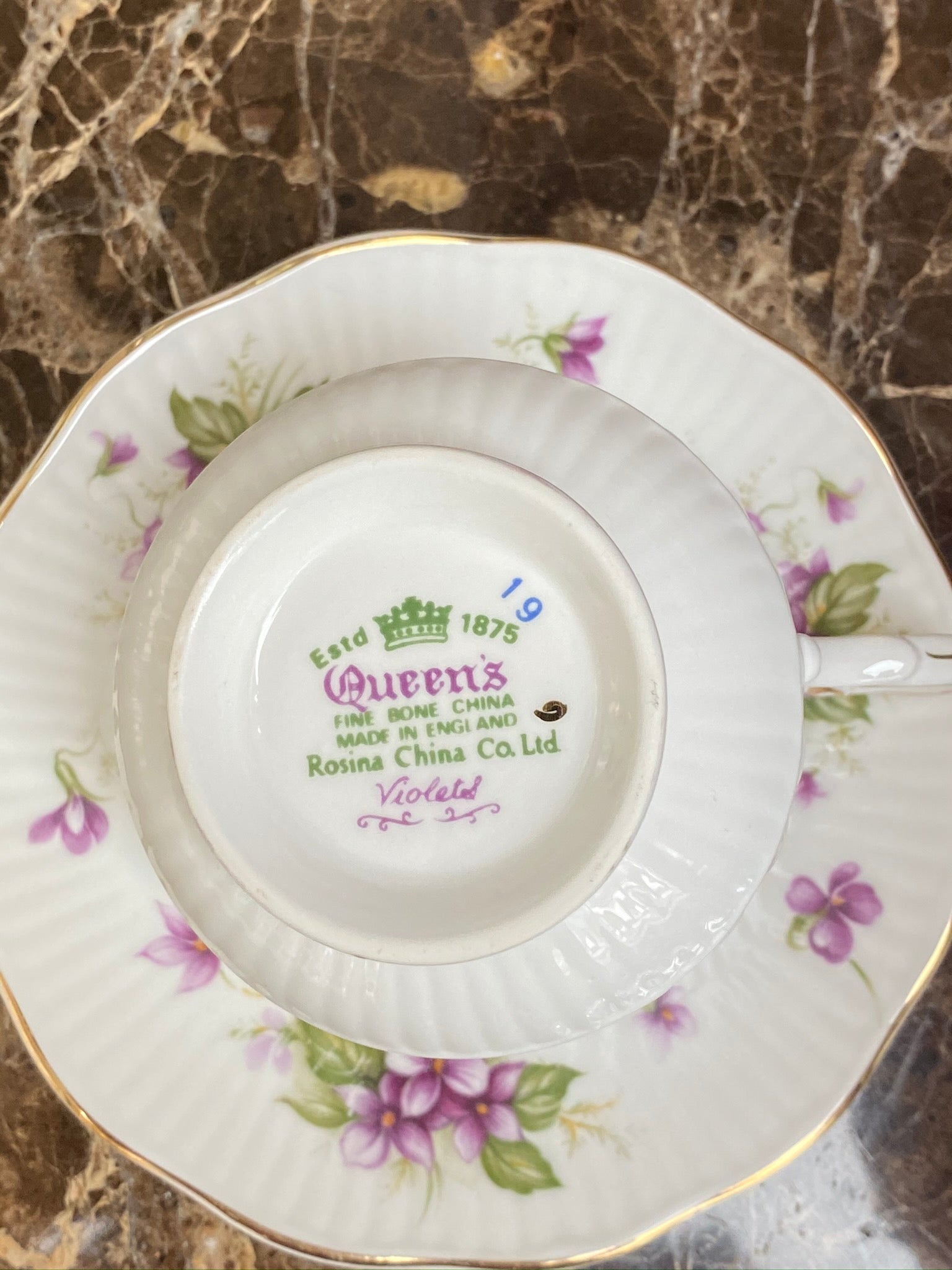 VINTAGE QUEENS VIOLETES CAFFEECUP AND SAUCER BONE CHINA - Gina Decor